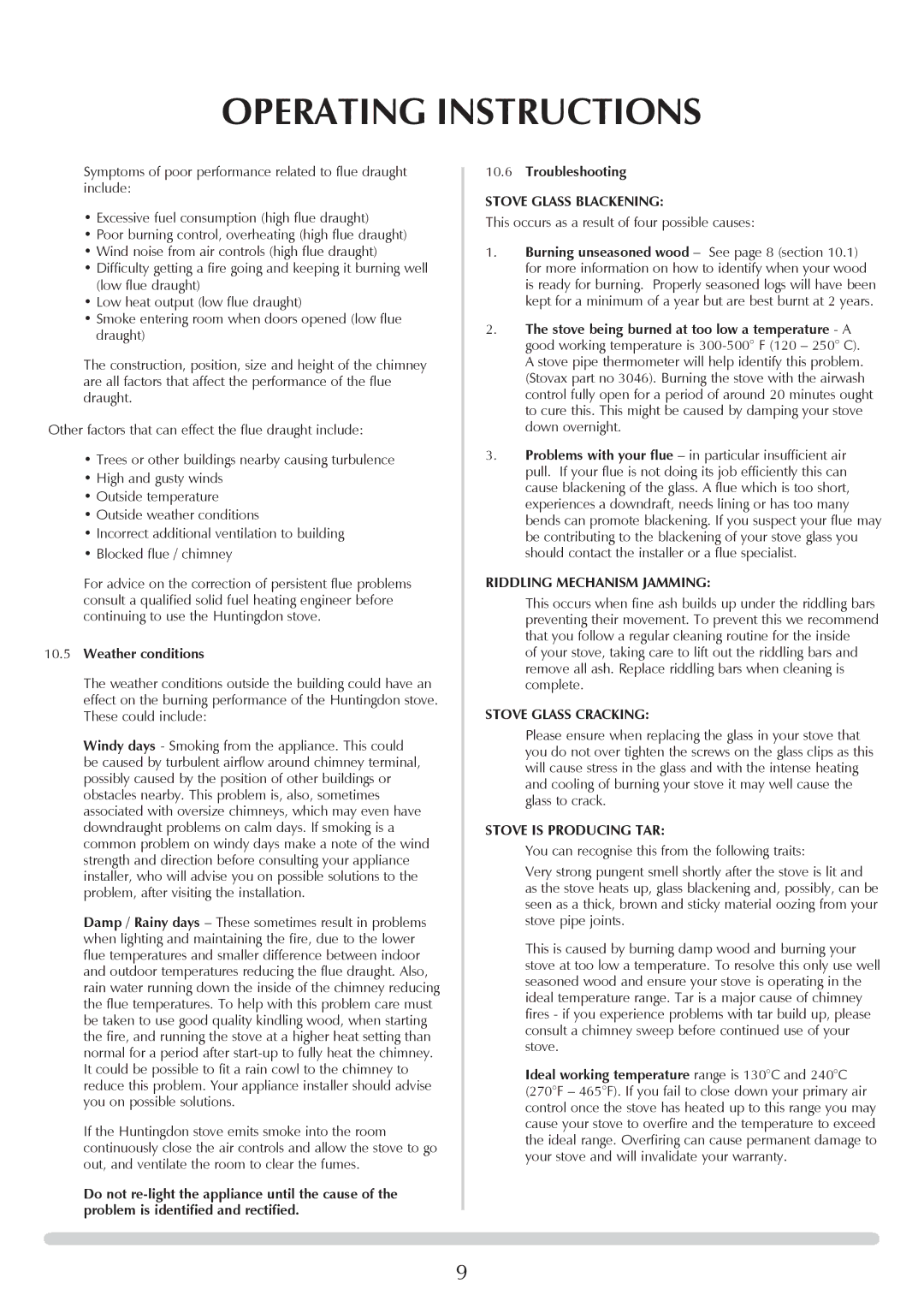 Stovax 7058Bl, 7057, 7061lG, 7074, 7075Bl, 7055Bl, 7058lG, 7065lG, 7065Bl, 7060, 7075lG Operating Instructions, Weather conditions 